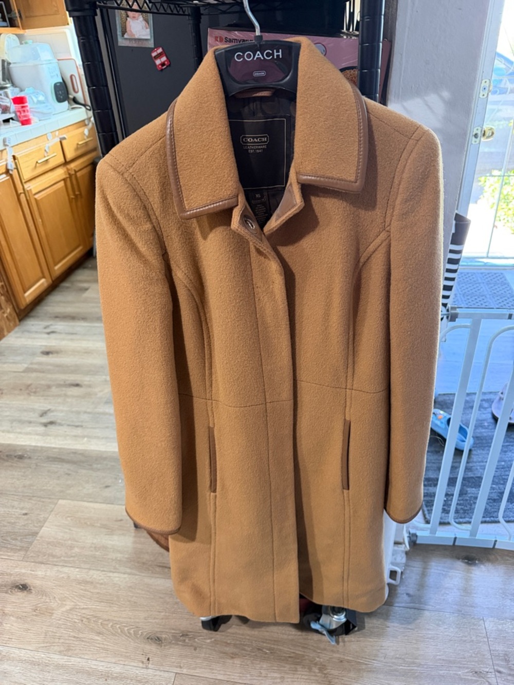 COACH Camel Tan Wool-Blend Trench Coat with Leather Trim